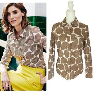 Boden Ivory & Brown Striped Leaf Print Poplin Button Down Blouse - 6
